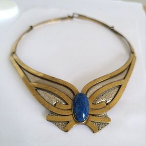 Vintage Morita Gil Designer Blue Lapis Lazuli Metallic Bronze Collar Necklace